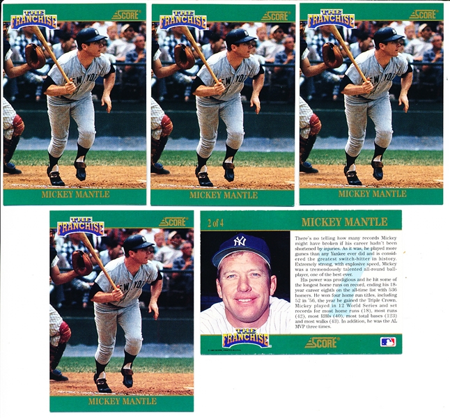 1992 Score Bb- “The Franchise”- #2 of 4 Mickey Mantle, Yankees- 5 Cards