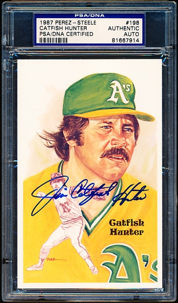 Autographed 1987 Perez-Steele Baseball HOF Postcards #198 Jim “Catfish” Hunter, A’s- PSA/DNA Certified/Slabbed Authentic