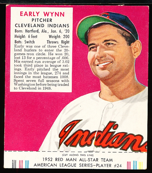 1952 Red Man Tobacco Bb with Tab- AL #24 Early Wynn, Indians- March expiration back