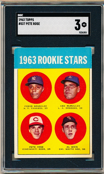 1963 Topps Baseball- #537 Pete Rose Rookie- SGC 3 (Vg)- Hi# 