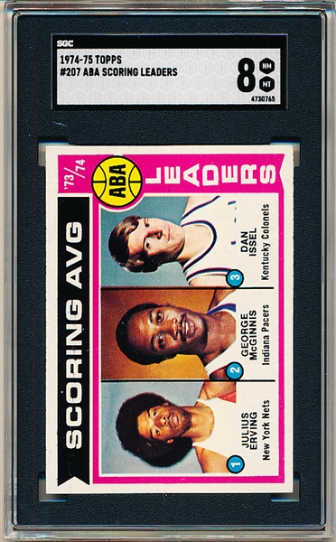 1974-75 Topps Basketball- #207 ABA Scoring Leaders- Julius Erving/George McGinnis/ Dan Issel- SGC 8 (Nm-Mt)