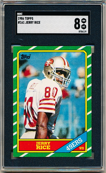 1986 Topps Football- #161 Jerry Rice, 49ers- SGC 8 (Nm-Mt)