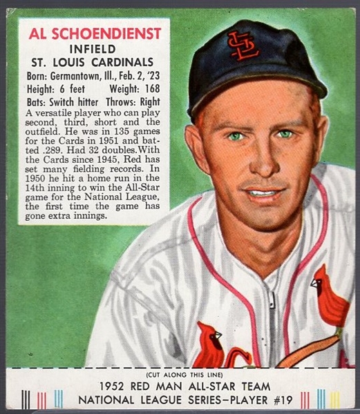 1952 Red Man Bb with Tab- NL #19 Red Schoendienst, Cardinals- June expiration back