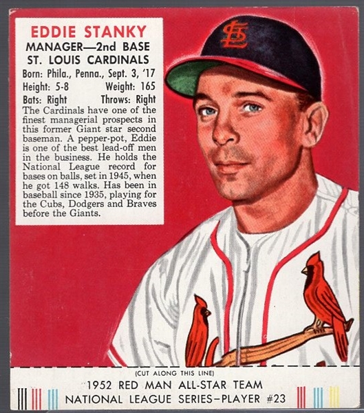 1952 Red Man Bb with Tab- NL#23 Eddie Stanky, Cardinals – March expiration back.