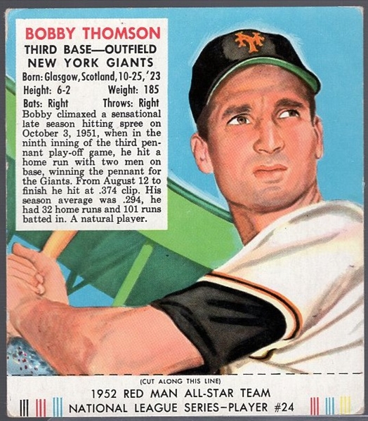 1952 Red Man Bb with Tab- NL#24 Bobby Thomson, Giants- March expiration back.