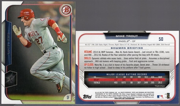 2015 Bowman Bsbl. #50 Mike Trout, Angels- 11 Cards