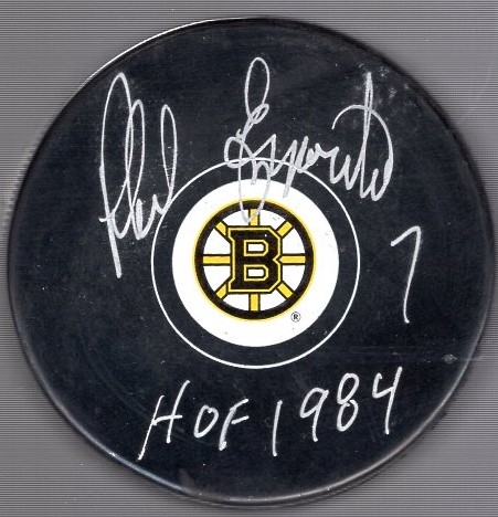 Autographed Phil Esposito Boston Bruins Official NHL Logo Puck- MAB Certified