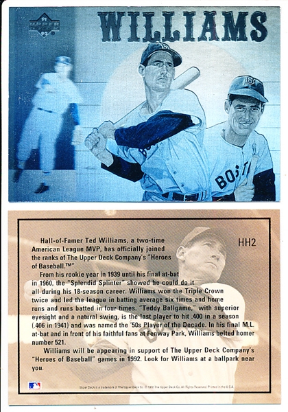 1991-92 Upper Deck Bb- #HH2 Ted Williams Hologram- 12 Cards