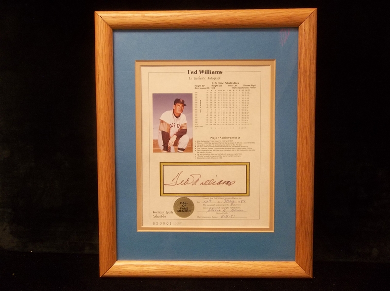 Ted Williams Autographed & Framed- American Sports Collectibles- Notarized “Stat Sheet”- 7-7/8” x 9-7/8”