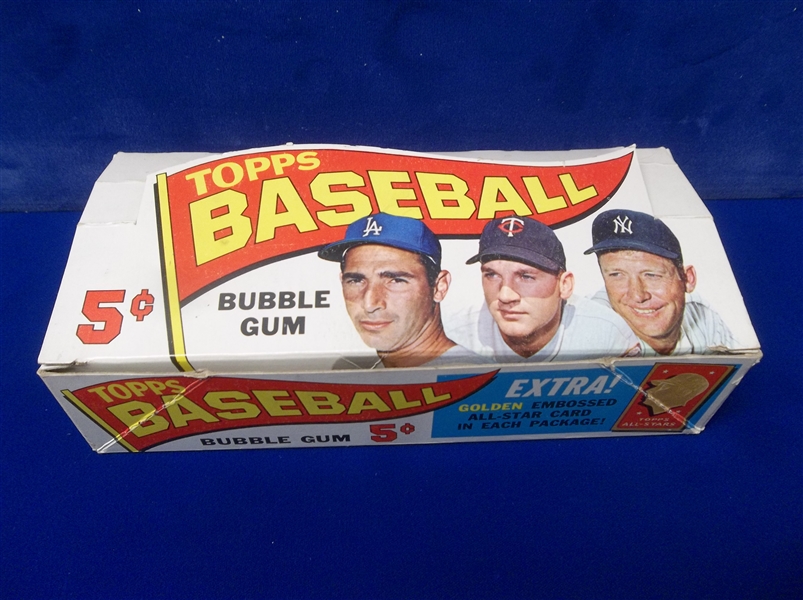 1965 Topps Baseball- 5 Cent Display Box- Koufax/ Killebrew/ Mantle Pictured on Top!- “Extra Golden Embossed” on Front Panel