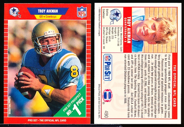 1989 Pro Set Football- #490 Troy Aikman RC, Cowboys- 3 Cards