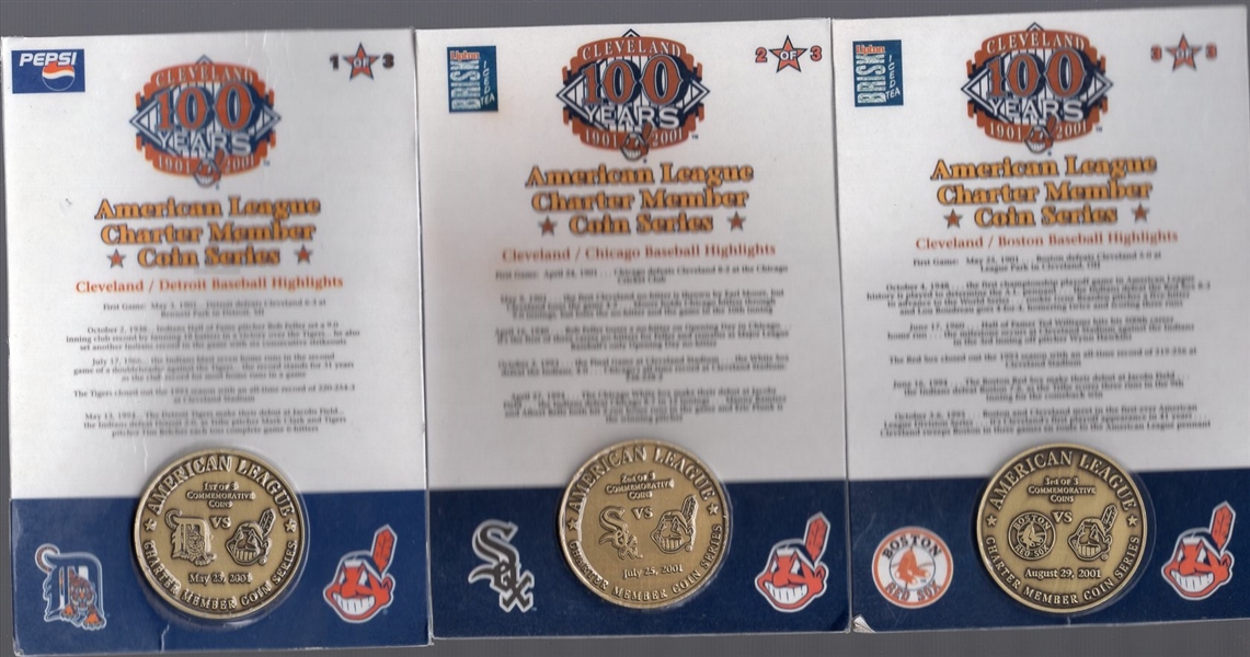 2001 Pepsi/ Lipton Brisk Tea Cleveland Indians MLB “American League Charter Member Coin Series”- 1 Complete Set of 3 Coins on Card