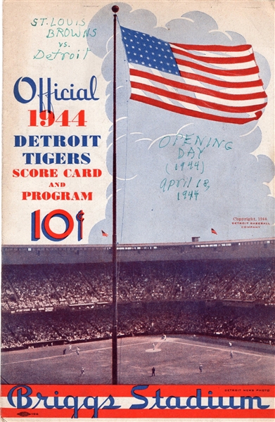 1944 Detroit Tigers Home Baseball Program vs. St. Louis Browns