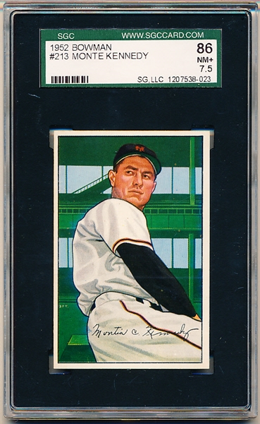 1952 Bowman Baseball- #213 Monte Kennedy, NY Giants- SGC 86 (NM+ 7.5)