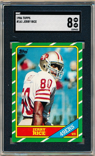 1986 Topps Football- #161 Jerry Rice RC- PSA Nm-Mt 8