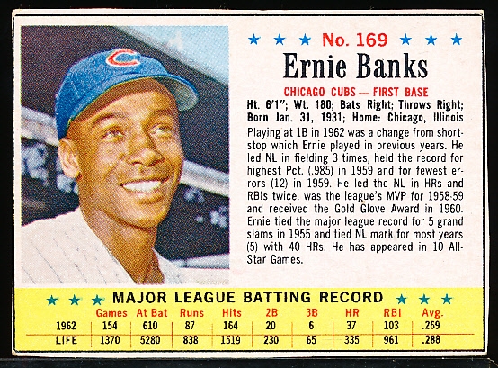 1963 Post Cereal Bb- #169 Ernie Banks, Cubs