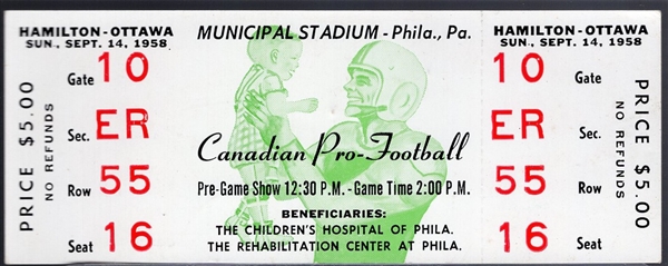 Sept. 14, 1958 CFL Hamilton vs. Ottawa Full Ticket- in Philadelphia, PA