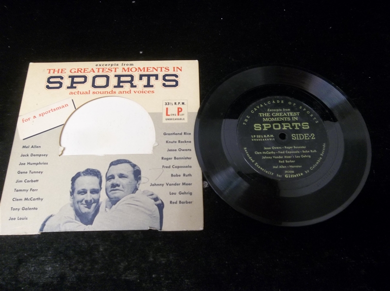 Late 1950’s Gillette 33-1/3 RPM “The Greatest Moments in Sports” Vinyl Record- Ruth/ Gehrig on Sleeve