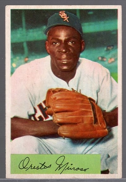 1954 Bowman Baseball- #38 Minnie Minoso, White Sox- (Field Avg- .895/.961)