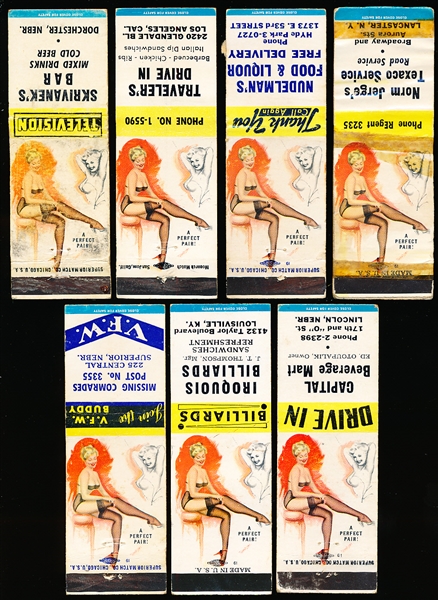 1940’s War Years Matchbook Covers with Same “A Perfect Pair” Risqué Art- 7 Diff.