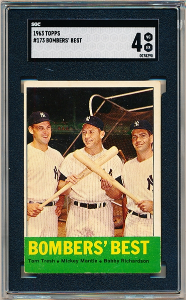 1963 Topps Baseball- #173 Bombers’ Best- Tresh/ Mantle/ Richardson- SGC 4 (Vg-Ex)