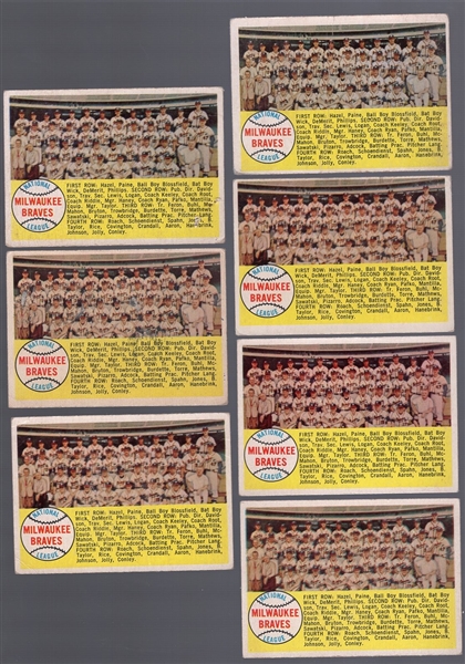 1958 Topps Bb- #377 Milwaukee Braves- 7 Team Cards- all with alphabetical backs