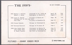 Autographed 1973 TCMA “The 1930’s- No Hit Pitchers” MLB- Johnny Vander Meer, Reds
