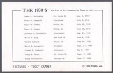 Autographed 1973 TCMA “The 1930’s- Six Consecutive Hits” MLB- Roger “Doc” Cramer, Athletics