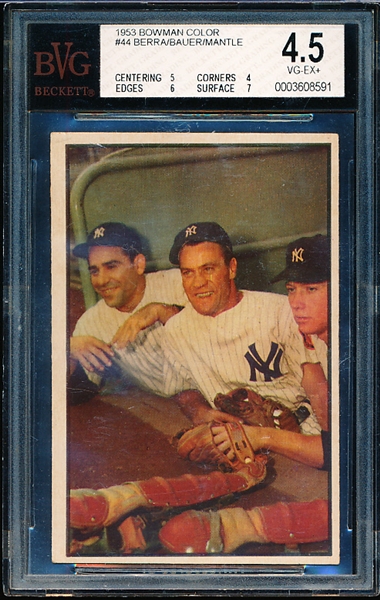 1953 Bowman Baseball Color- #44 Berra/ Bauer/ Mantle- BVG 4.5 (Vg-Ex+)