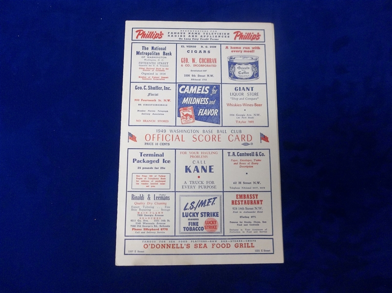1949 Detroit Tigers @ Washington Senators Bsbl. Scorecard