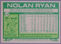 1977 Topps Bb- #650 Nolan Ryan, Angels