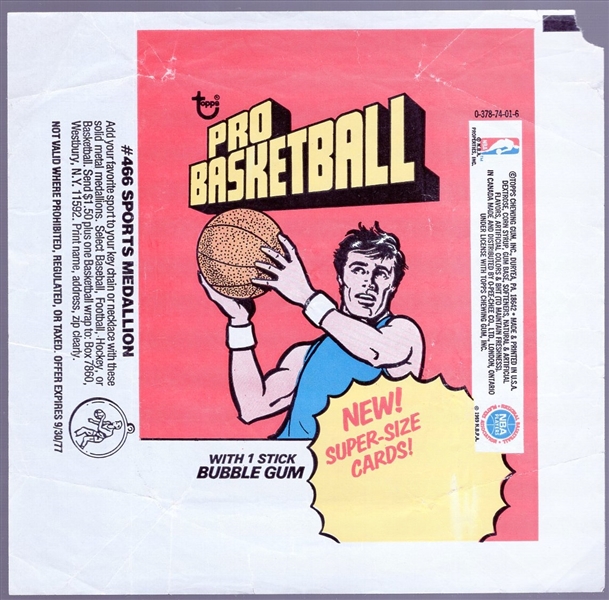 1976-77 Topps Basketball Wrapper- “New Super-Size Cards!” front