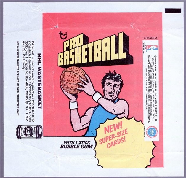 1976-77 Topps Basketball Wrapper- “New Super-Size Cards!” front