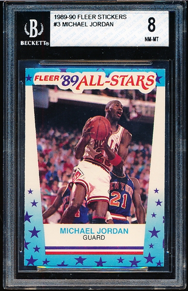 1989-90 Fleer Bskbl. Stickers #3 Michael Jordan- Beckett Graded Near Mint to Mint 8