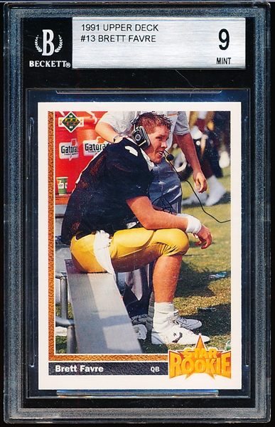 1991 Upper Deck Ftbl. #13 Brett Favre RC- Beckett Graded Mint 9