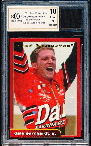 2001 Gold Collectibles NASCAR Racing #1 Dale Earnhardt, Jr.- BCCG (Beckett.com) Graded Mint or Better 10 with Race-Used Firesuit in Slab