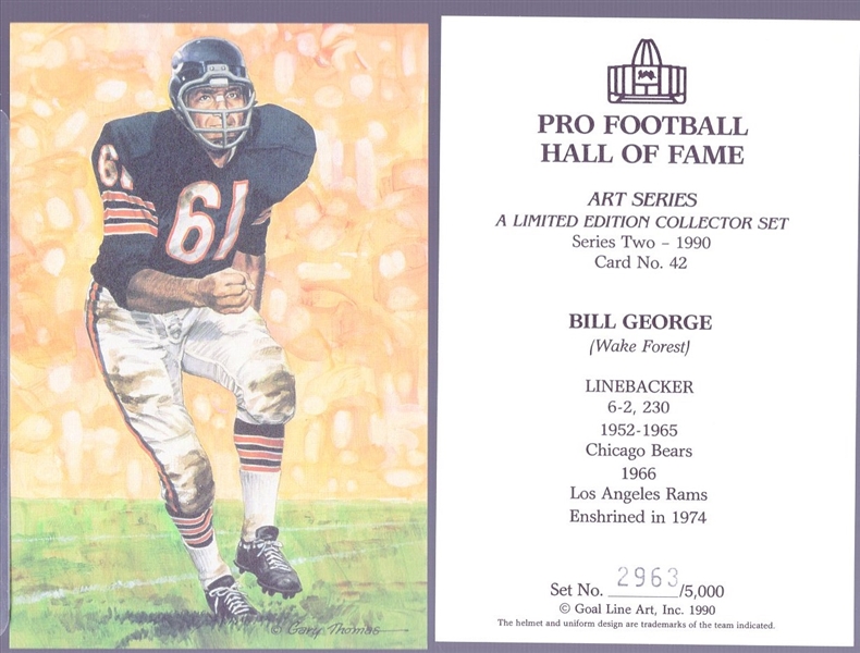 1990 Goal Line Art Pro Football Hall of Fame Cards- #42 Bill George, Chicago Bears 30 cards