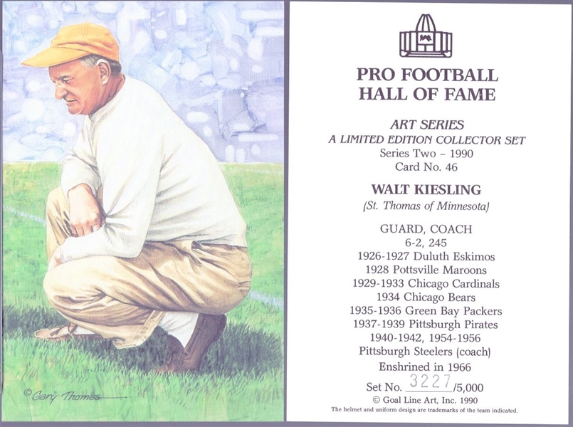 1990 Goal Line Art Pro Football Hall of Fame Cards- #46 Walt Kiesling- 30 Cards 