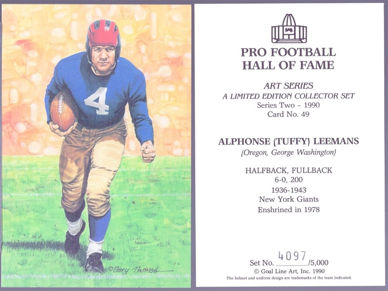 1990 Goal Line Art Pro Football Hall of Fame Cards- #49 Tuffy Leemans-30 cards