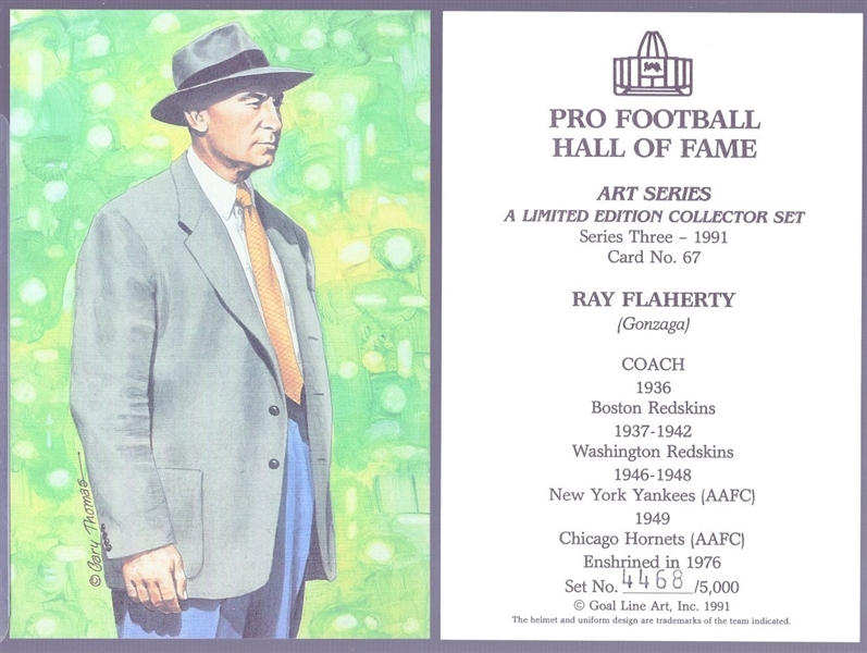 1991 Goal Line Art Pro Football Hall of Fame Cards- #67 Ray Flaherty, Coach- 30 cards 