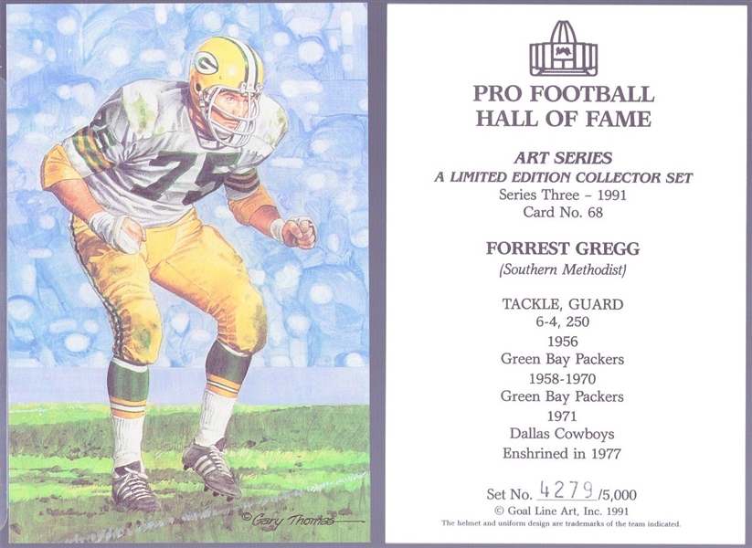 1991 Goal Line Art Pro Football Hall of Fame Cards- #68 Forrest Gregg, Packers- 25 cards