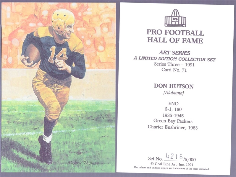 1991 Goal Line Art Pro Football Hall of Fame Cards- #71 Don Hutson, Packers- 22 Cards