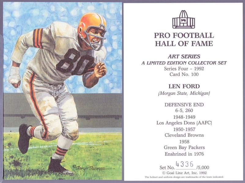 1992 Goal Line Art Pro Football Hall of Fame Cards- #100 Len Ford, Cleveland Browns- 30 Cards