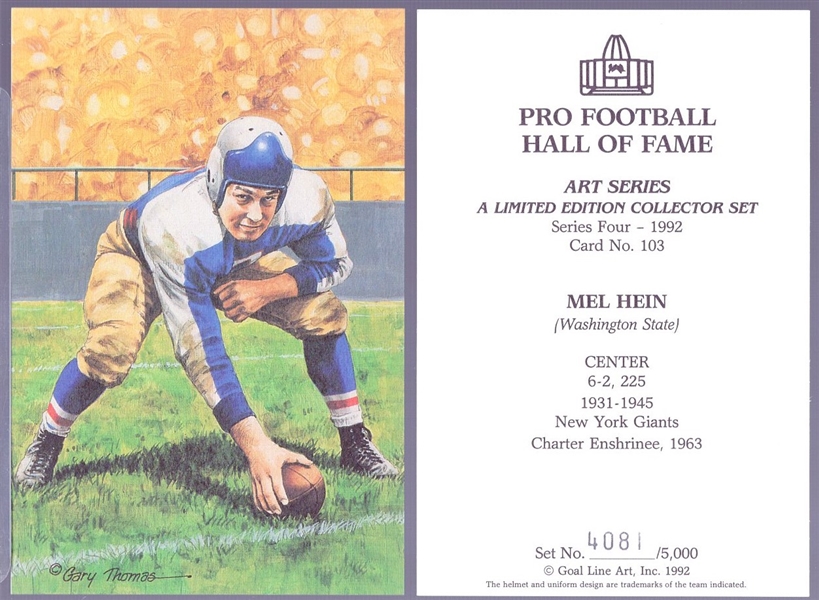 1992 Goal Line Art Pro Football Hall of Fame Cards- #103 Mel Hein, Giants- 27 cards