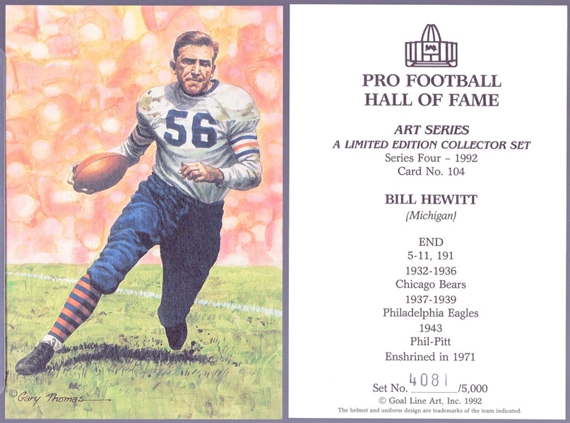 1992 Goal Line Art Pro Football Hall of Fame Cards- #104 Bill Hewitt, Chicago Bears- 28 cards