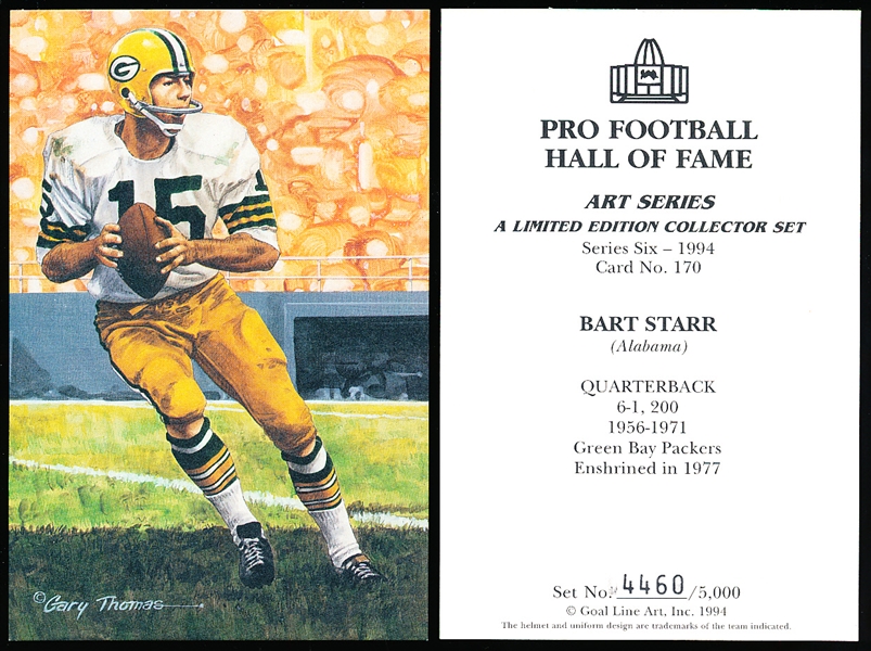 1994 Goal Line Art Pro Football Hall of Fame Cards- #170 Bart Starr, Packers- 12 cards