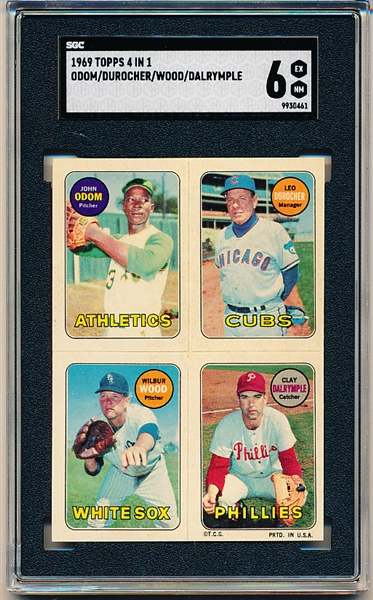 1969 Topps 4 in 1 Baseball- John Odom/ Leo Durocher/ Wilbur Wood/ Dalrymple- SGC 6 (Ex-NM)