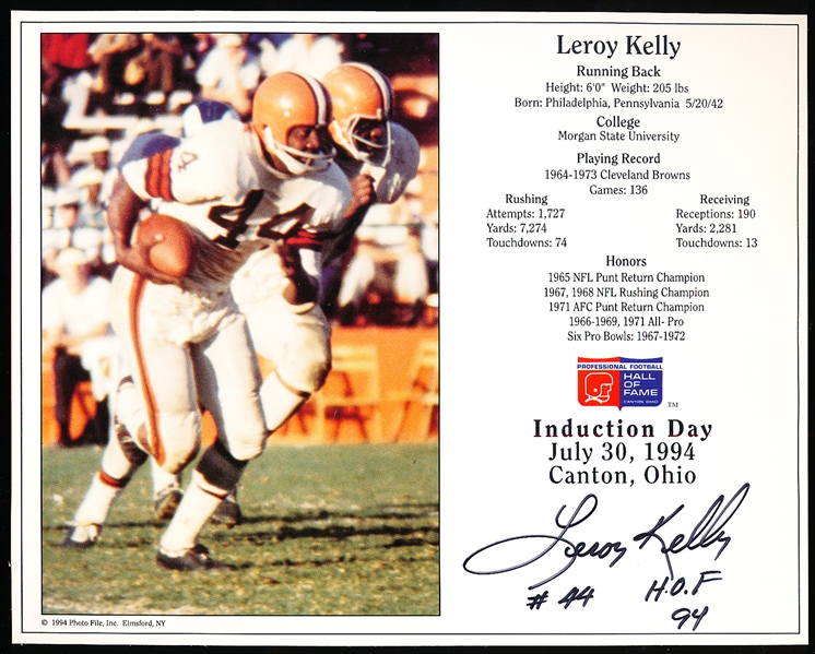 Autographed Leroy Kelly Browns 94 Induction Day Photo File 10" x 8" Picture Card