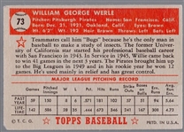 1952 Topps Baseball- #73 Wiliam Werle, Pirates- Red Back