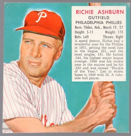 1952 Red Man Tobacco Bb- No Tab- Richie Ashburn, Phillies- March expiration back.